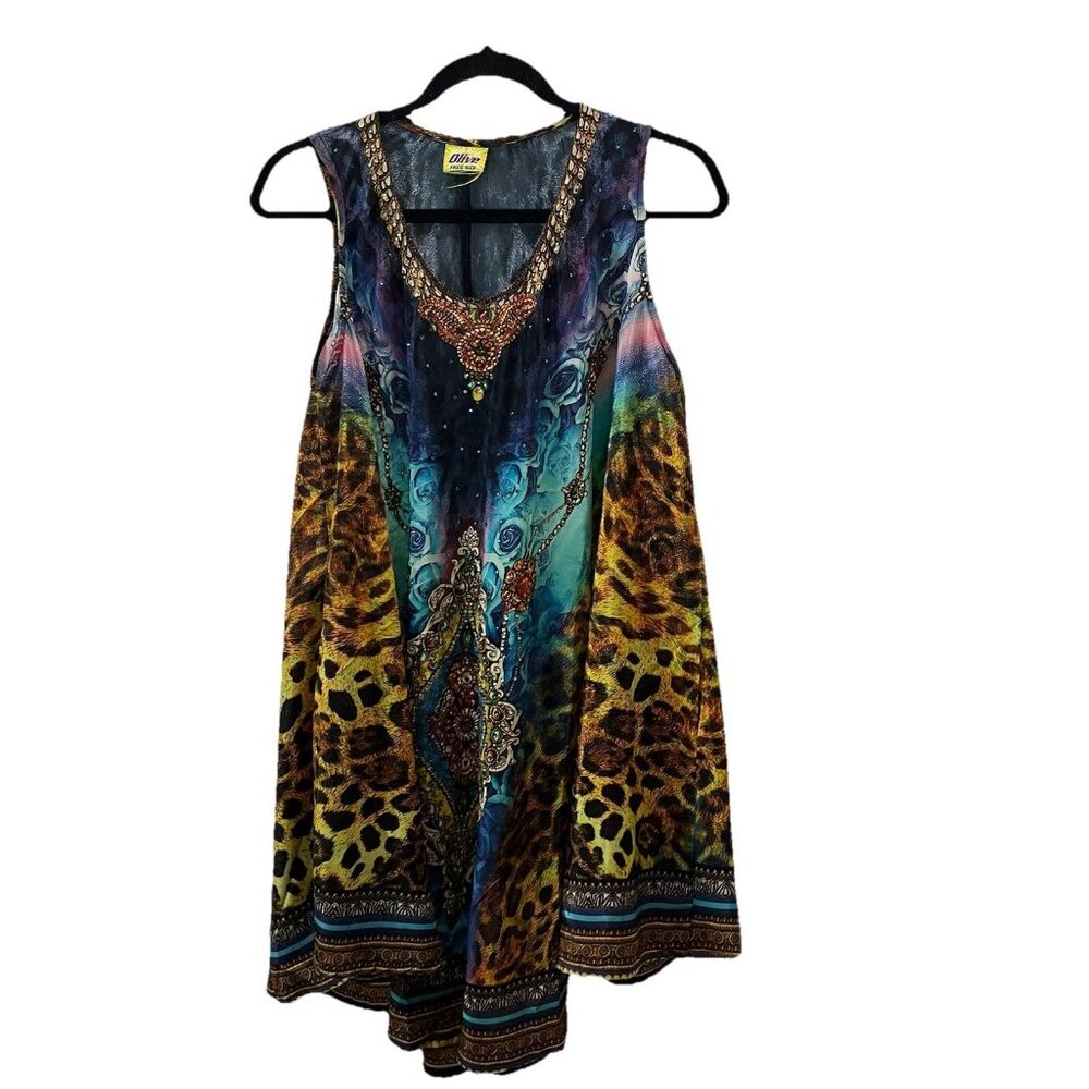 Olive One Size 100% Silk Beaded Sequin Tie Dye Batik Leopard Boho Indie Dress